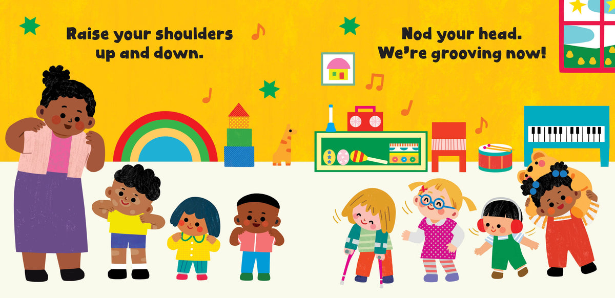 Children's book page with cartoon characters and musical instruments on a yellow background