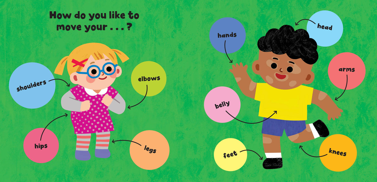 Illustration of two children with labeled body parts on a green background