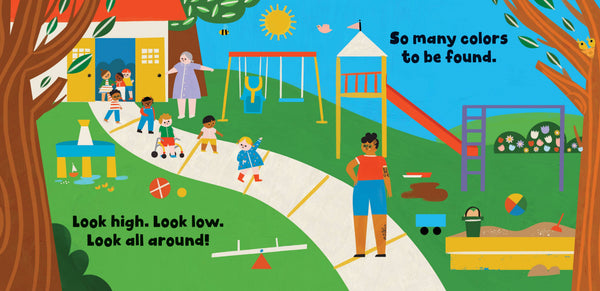 Illustration of a colorful playground with children playing, trees, and a clear sky.