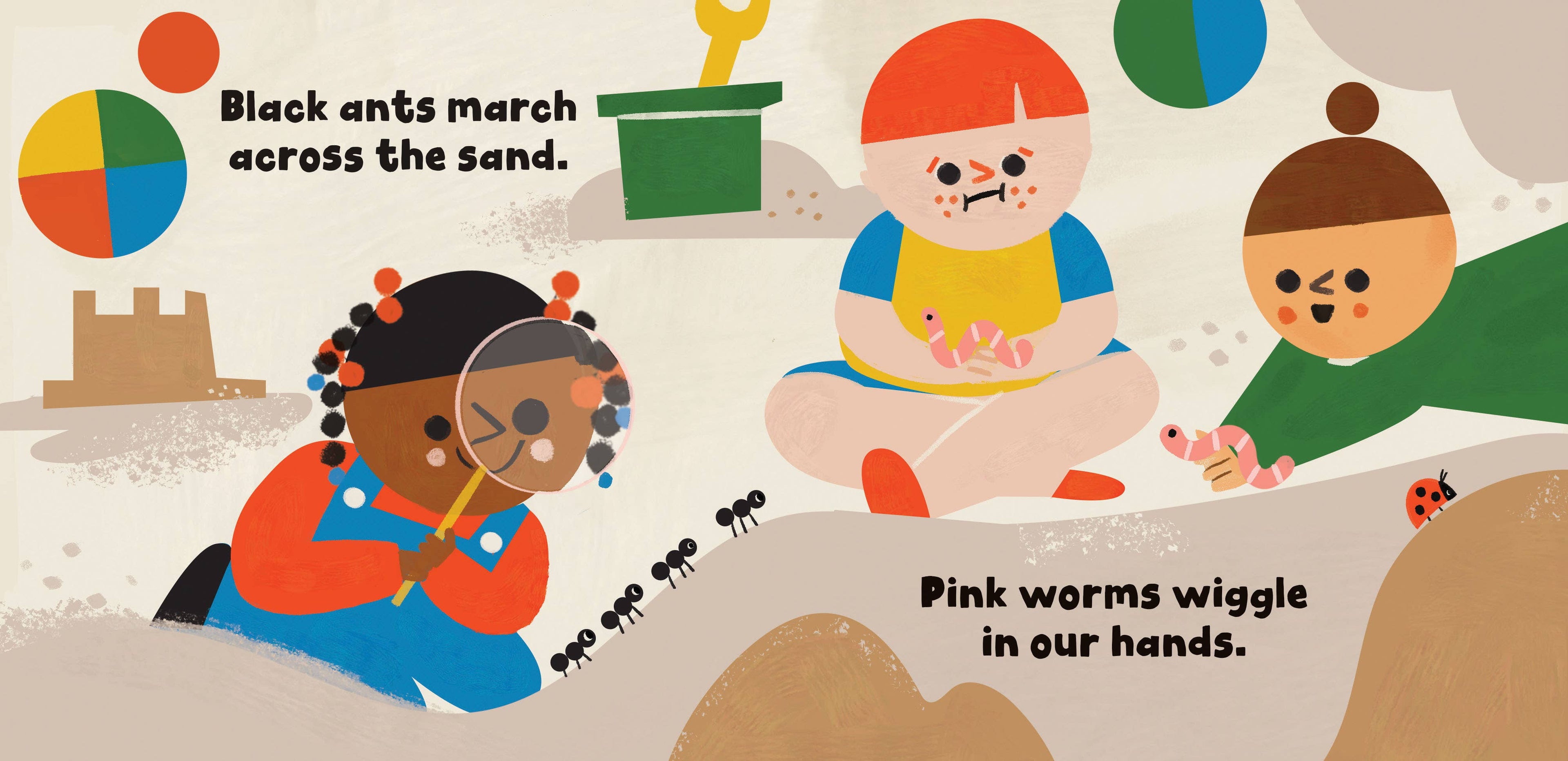 Illustration of children playing with ants and worms on a beach, with text describing their activities.