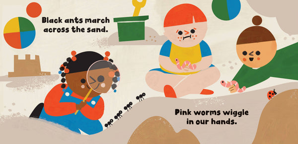 Illustration of children playing with ants and worms on a beach, with text describing their activities.