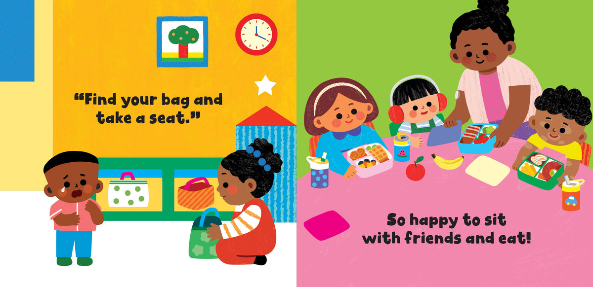 Children's book page with illustrations of children at a table and text.