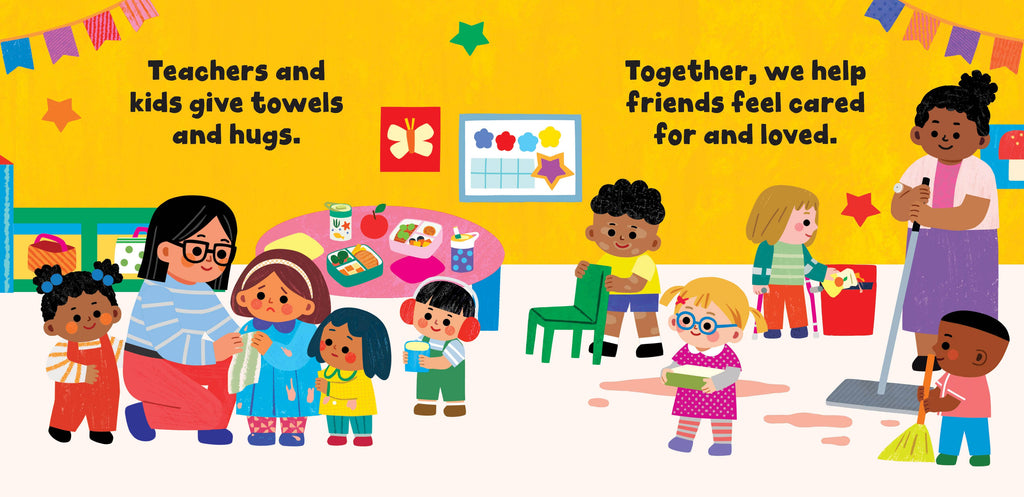 Illustration of children and teachers in a classroom setting with text about giving towels and hugs.