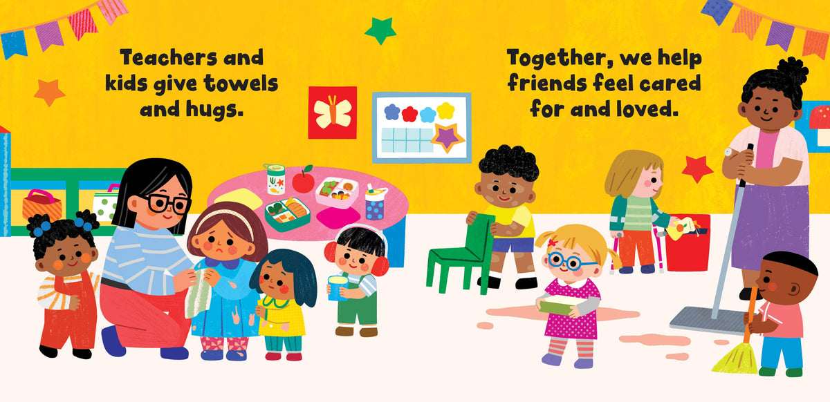 Illustration of children and teachers in a classroom setting with text about giving towels and hugs.