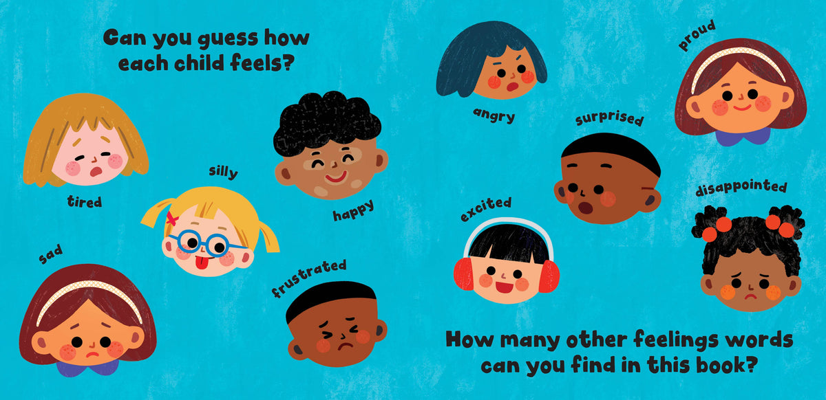Illustrations of children with different facial expressions and emotions on a blue background.