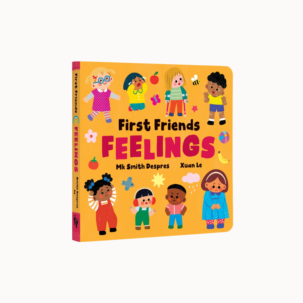 A children's board book titled 'First Friends FEELINGS' by Mk Smith Despres and Xuan Le, featuring a bright yellow cover decorated with colorful cartoon children and feeling icons, shown on a plain off-white background.