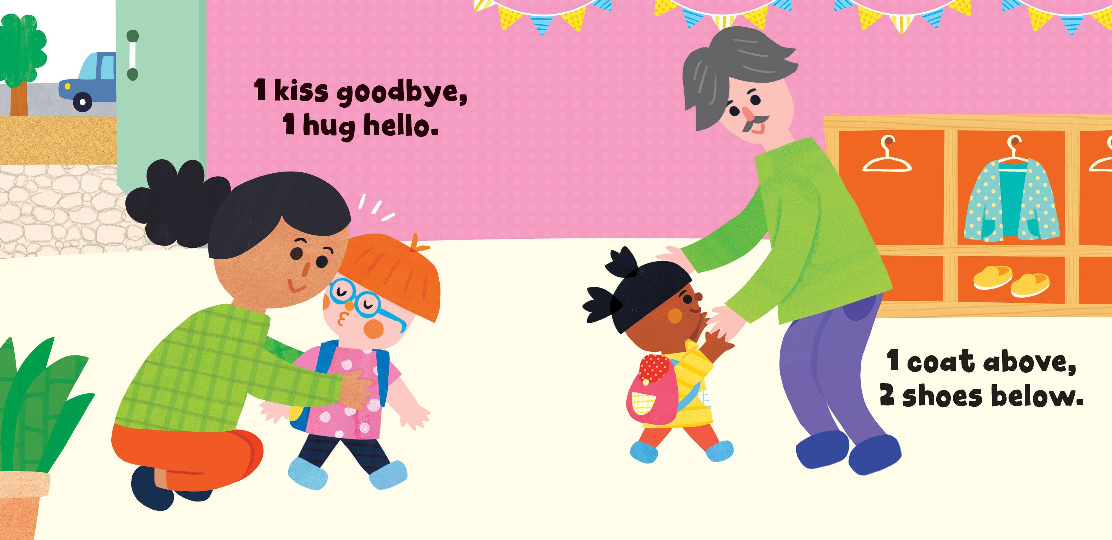 Illustration of children and adults interacting with text about goodbye and hello, set against a colorful background.