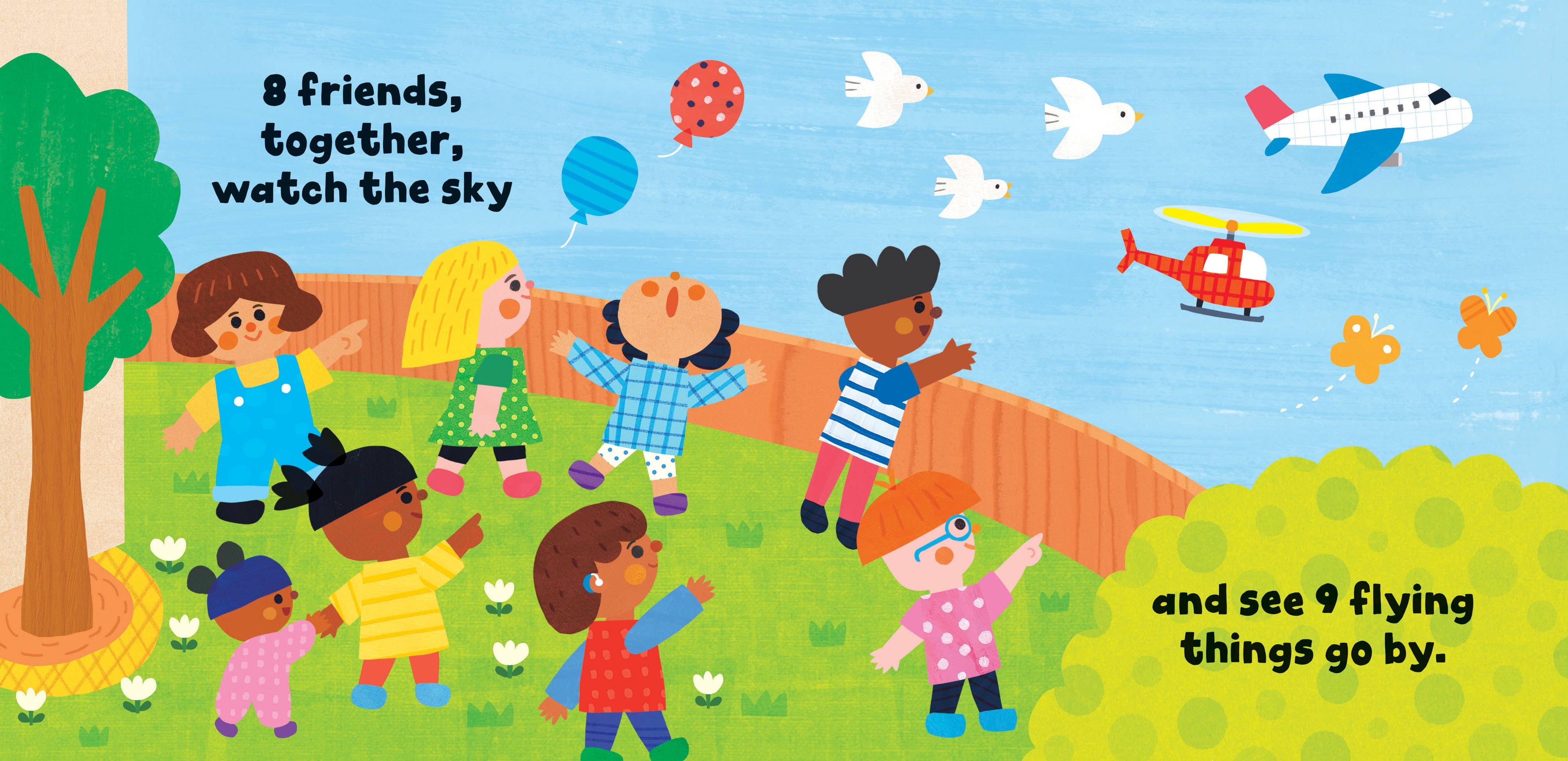 Children's book illustration of children watching airplanes and a helicopter fly by in the sky.