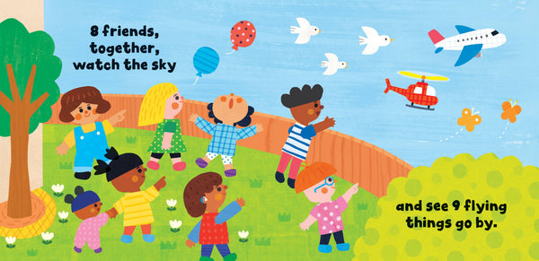 Children's book illustration of children watching airplanes and a helicopter fly by in the sky.