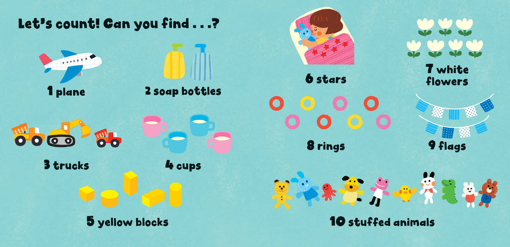 Educational children's chart with counting activities and illustrations on a blue background