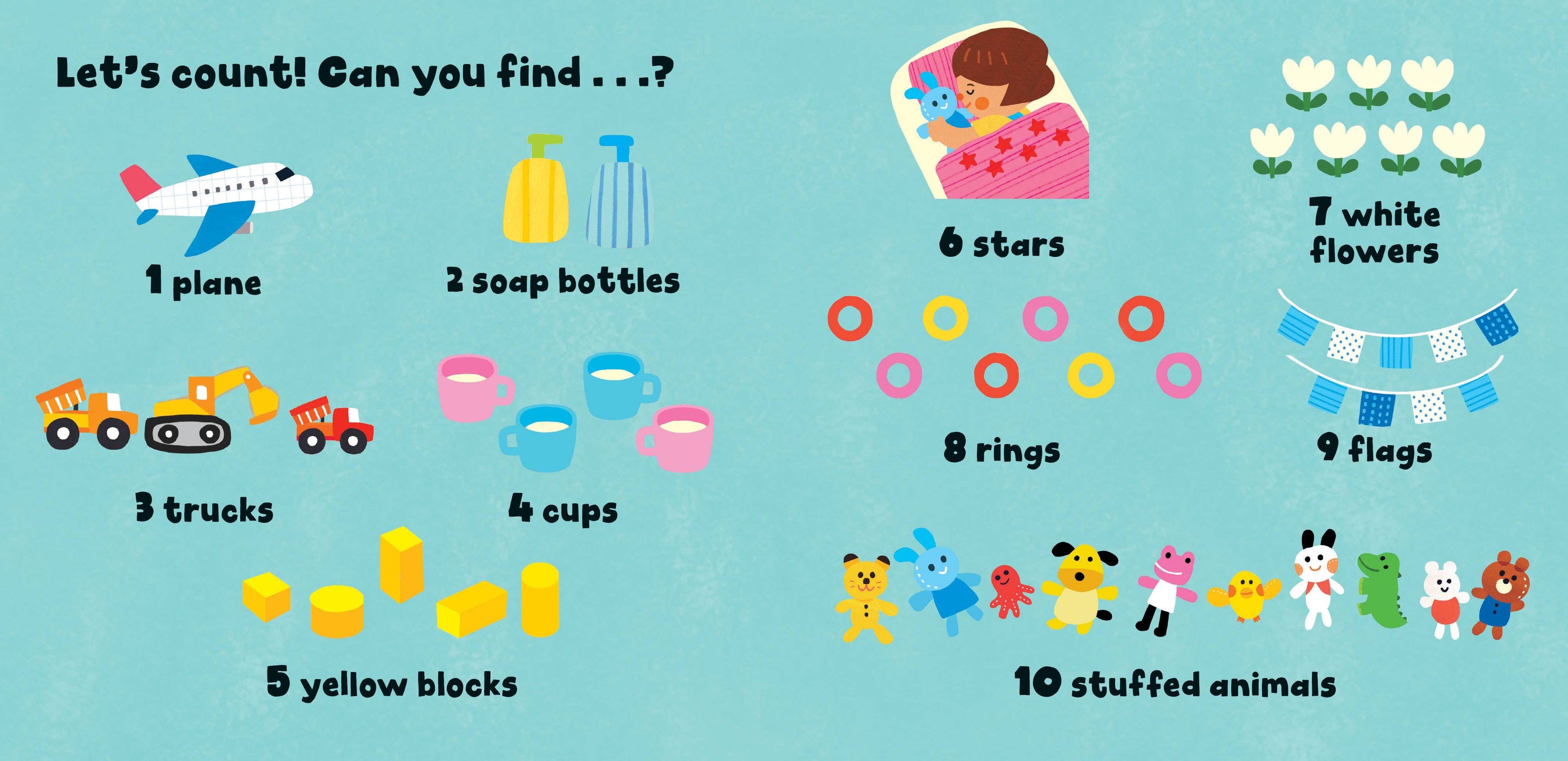 Educational children's chart with counting activities and illustrations on a blue background