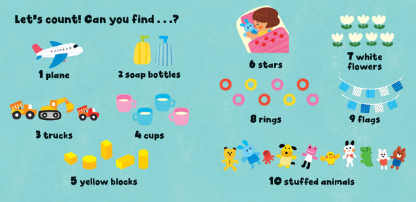 Educational children's chart with counting activities and illustrations on a blue background