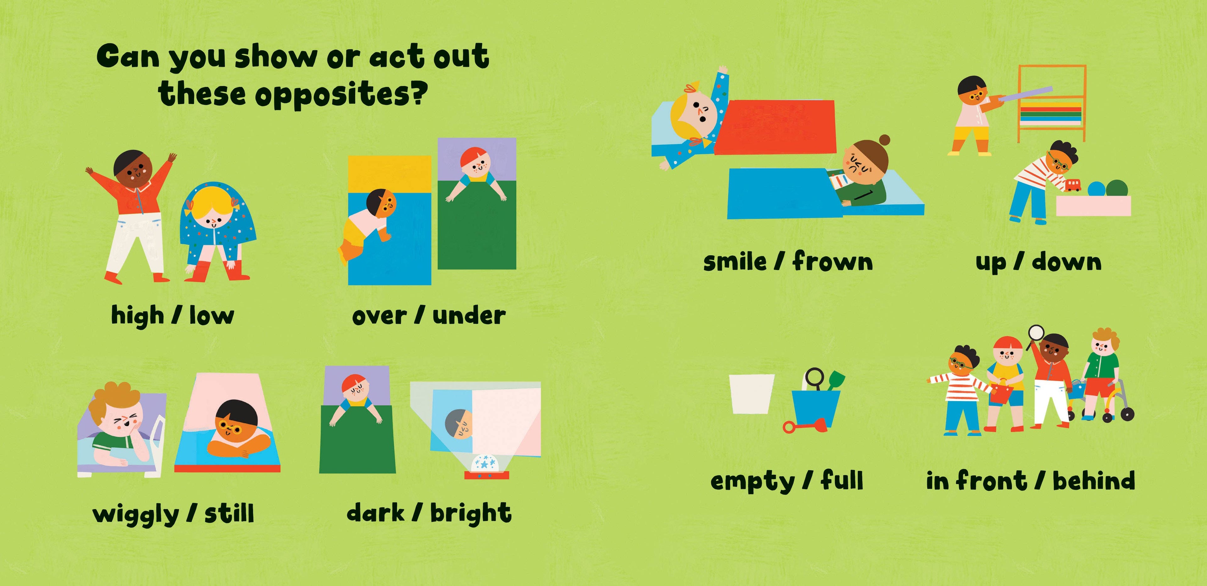 Educational chart with illustrations and opposites on a green background