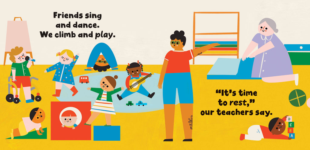 Illustration of children playing in a classroom with teachers and a child resting.