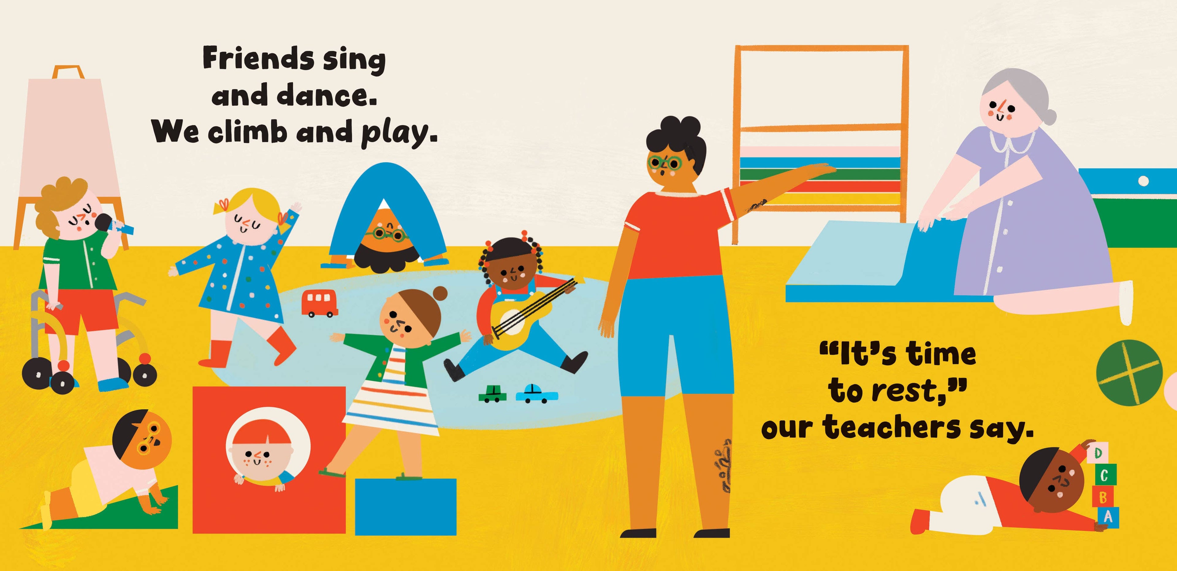 Illustration of children playing in a classroom with teachers and a child resting.