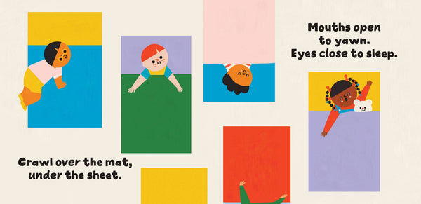 Illustrations of children on a colorful mat with text instructions.