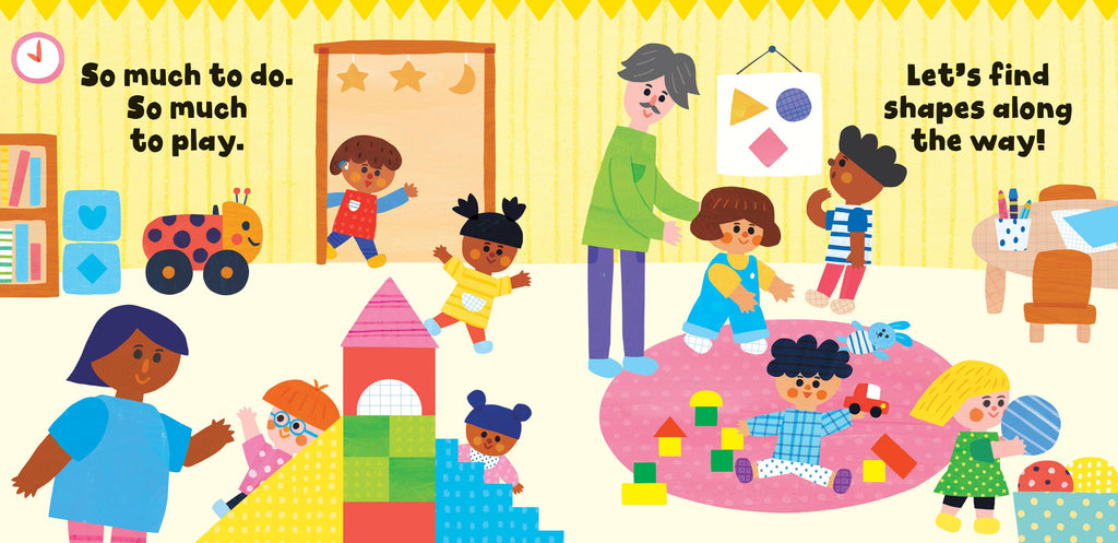 Illustration of children playing with blocks and a teacher in a classroom setting.