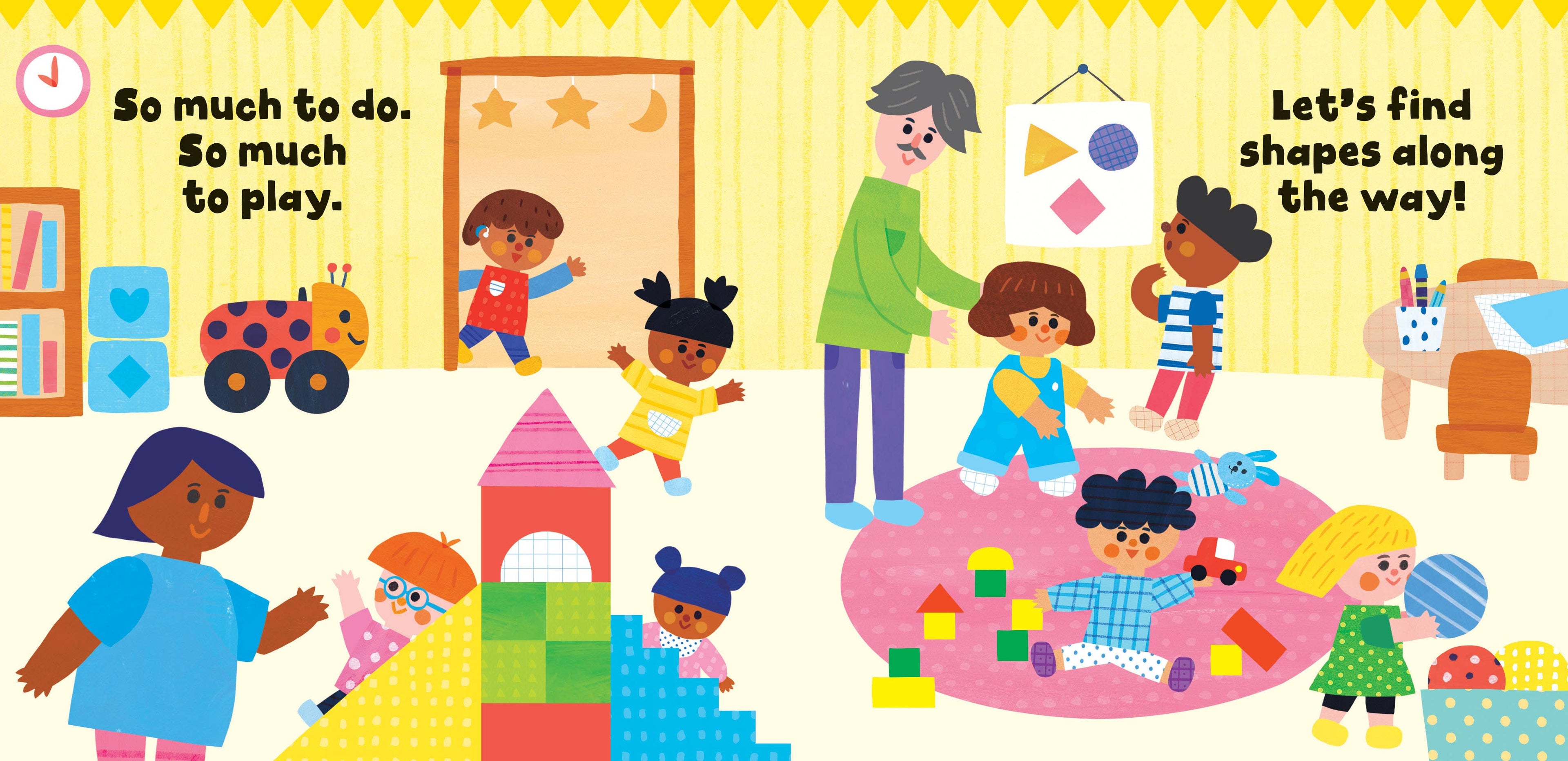 Illustration of children playing with blocks and a teacher in a classroom setting.