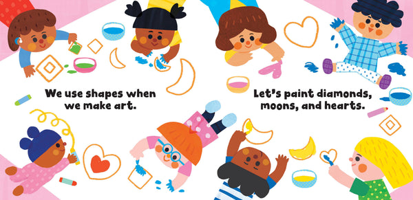 Illustrated children painting with text about using shapes in art on a colorful background.