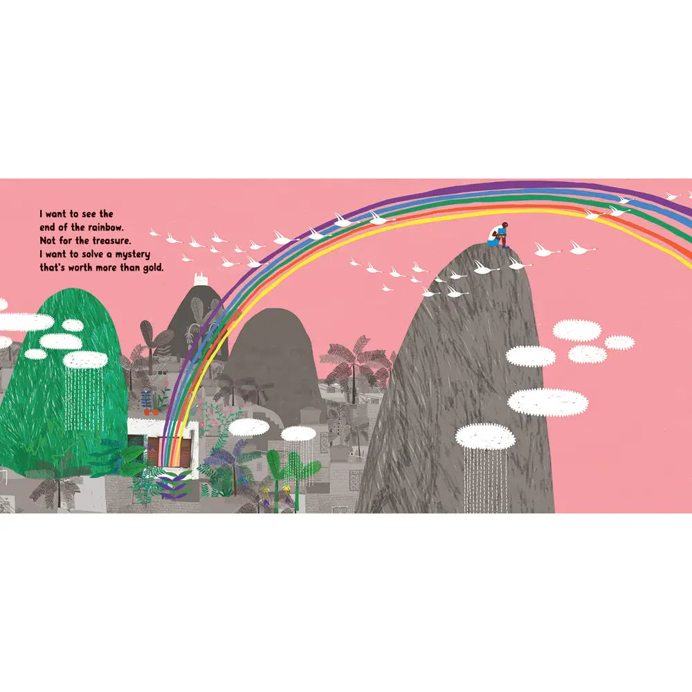 Illustration of a child on a mountain top with a rainbow, surrounded by trees and buildings.
