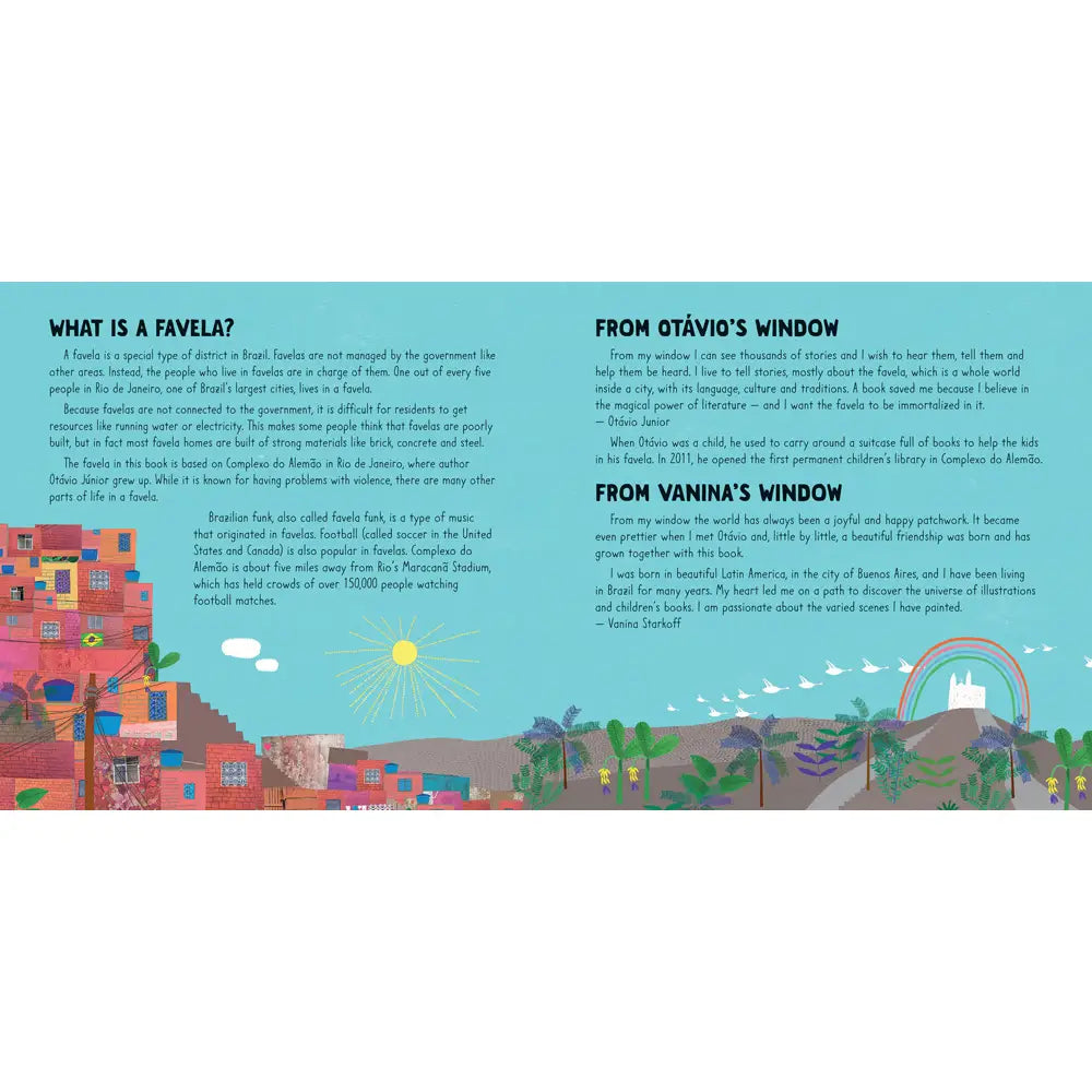 Book page with text and illustrations of a favela, featuring colorful buildings and a landscape.
