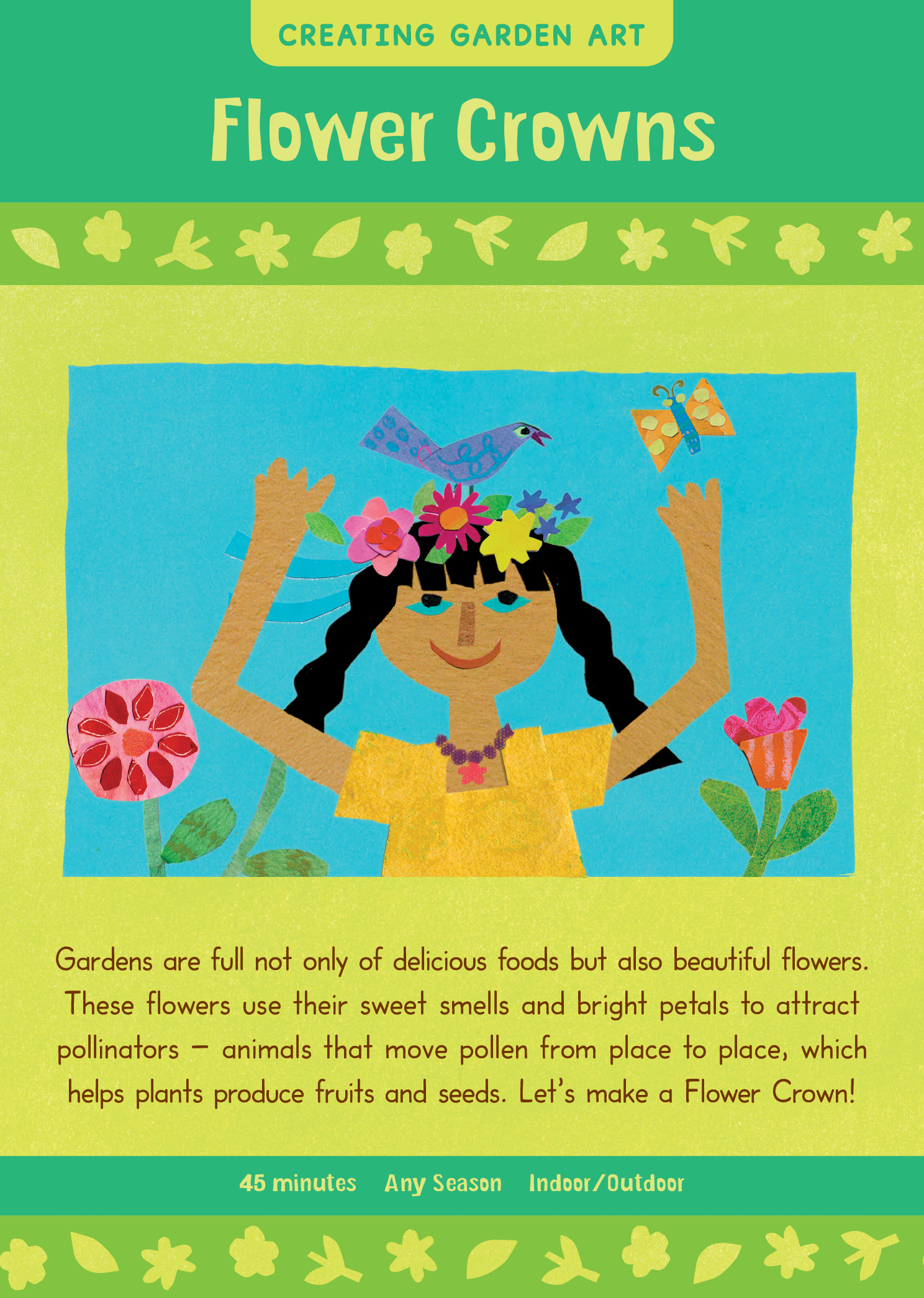 Book cover of 'Flower Crowns' with a colorful illustration of a girl with flowers and text about gardens and pollinators.