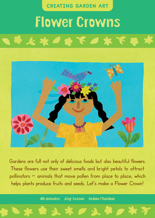 Book cover of 'Flower Crowns' with a colorful illustration of a girl with flowers and text about gardens and pollinators.