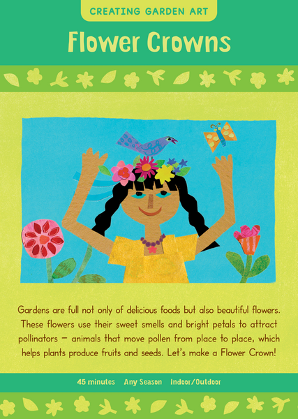 Book cover of 'Flower Crowns' with a colorful illustration of a girl with flowers and text about gardens and pollinators.