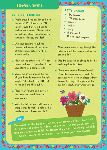 Instructions for making a flower crown with colorful border and text.