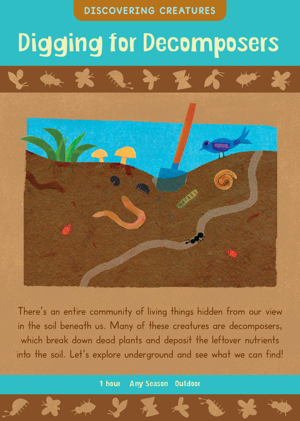 Illustrated book cover of 'Digging for Decomposers' with a shovel, worms, and plants in soil.