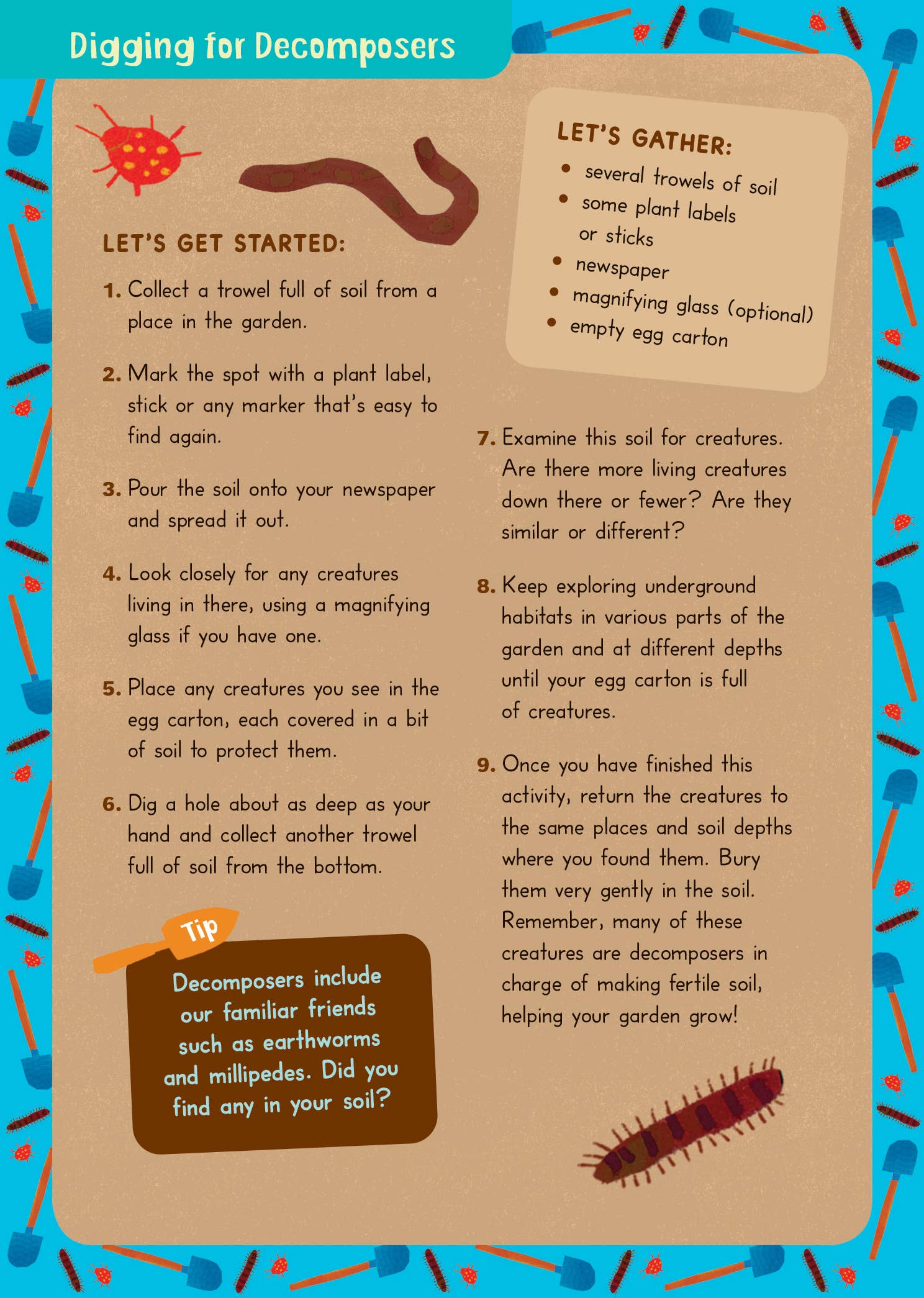 Educational poster about decomposers with text and illustrations on a blue border