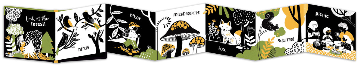 Fold out children's book with animal illustrations on a black background