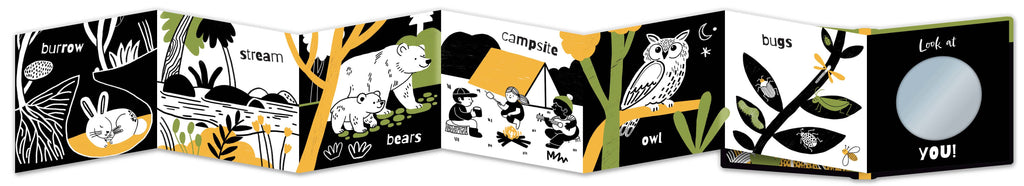 A six-panel children's book or card set with black, white, and yellow illustrations. The panels show whimsical animal and nature drawings including a rabbit, stream, bear, bugs, owl, and a moon with the text 'let it YOU!'.