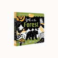 A children's hardcover book titled "Look at the Forest" by Ingrid Eiger, shown at a three-quarter angle on a plain white background. The cover features a black background with forest illustrations in green, yellow, white, and black, including a bear, owl, mushroom, and trees.