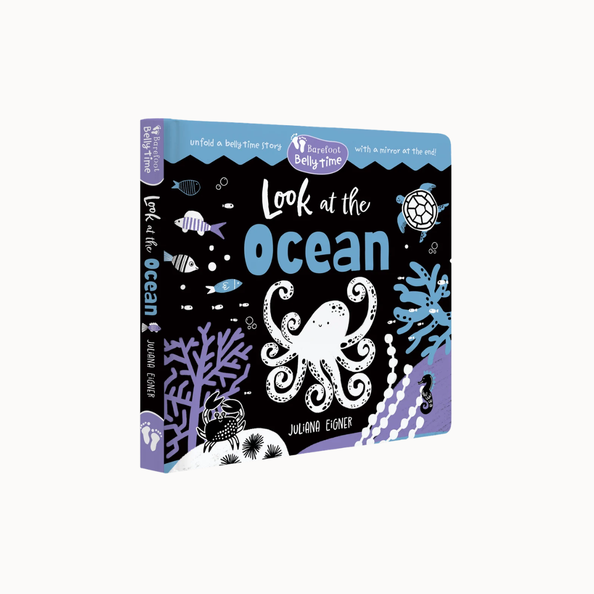 A children's hardcover book titled 'Look at the Ocean' by Juliane Ekner, featuring a black cover decorated with colorful illustrations of an octopus, fish, coral, and sea life on a light gray background.
