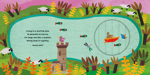 Illustrated scene with a fisherman, fish, and landscape