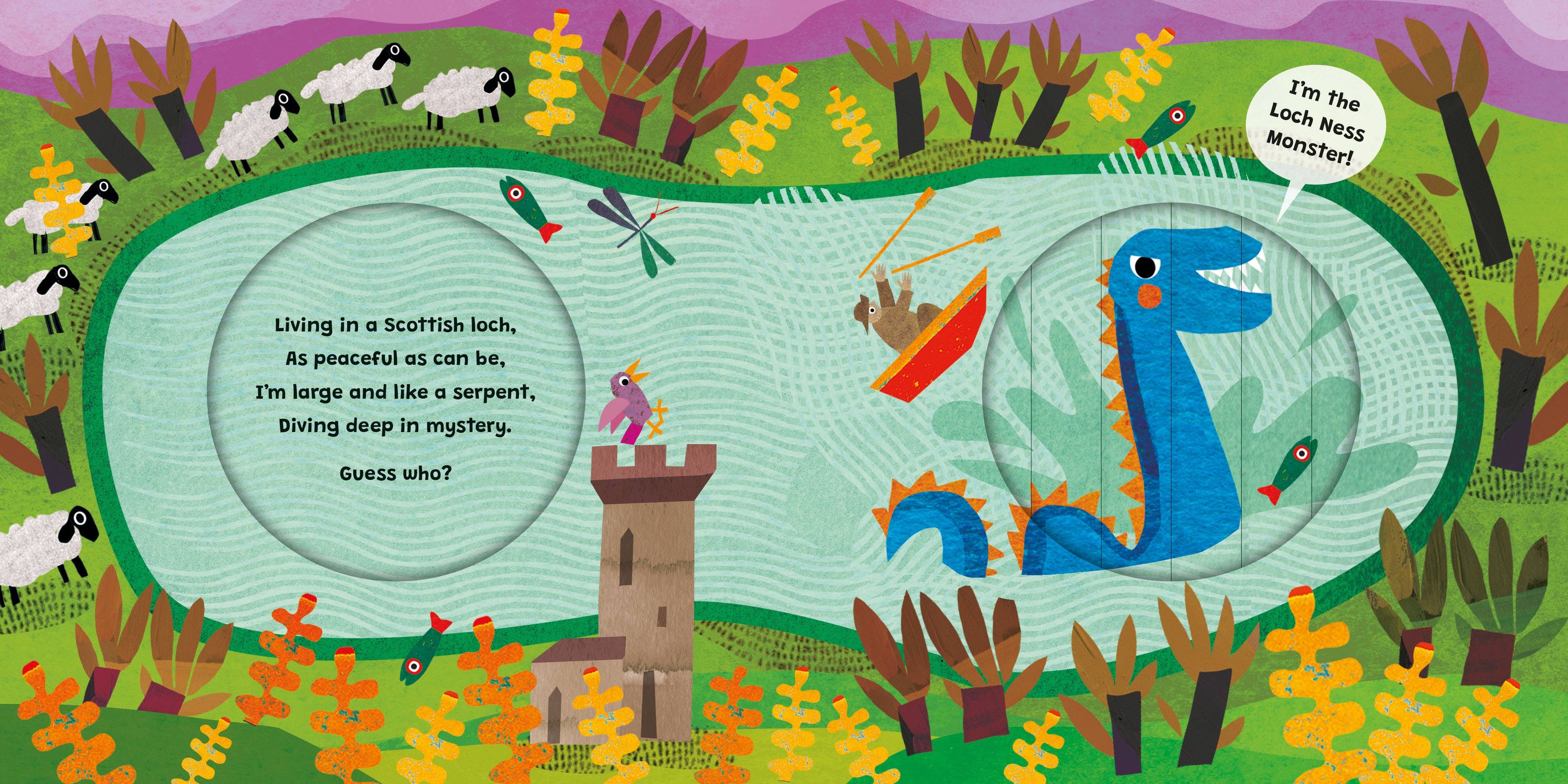 Colorful children's illustration of a Loch Ness Monster in a Scottish loch with text.