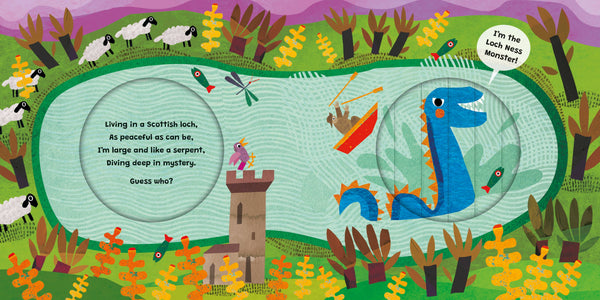 Colorful children's illustration of a Loch Ness Monster in a Scottish loch with text.