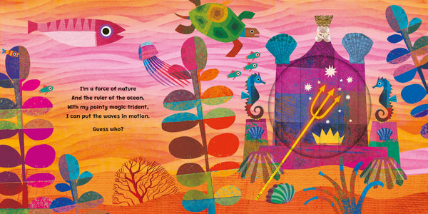 Colorful illustration of a magical castle with sea creatures and text on a vibrant background