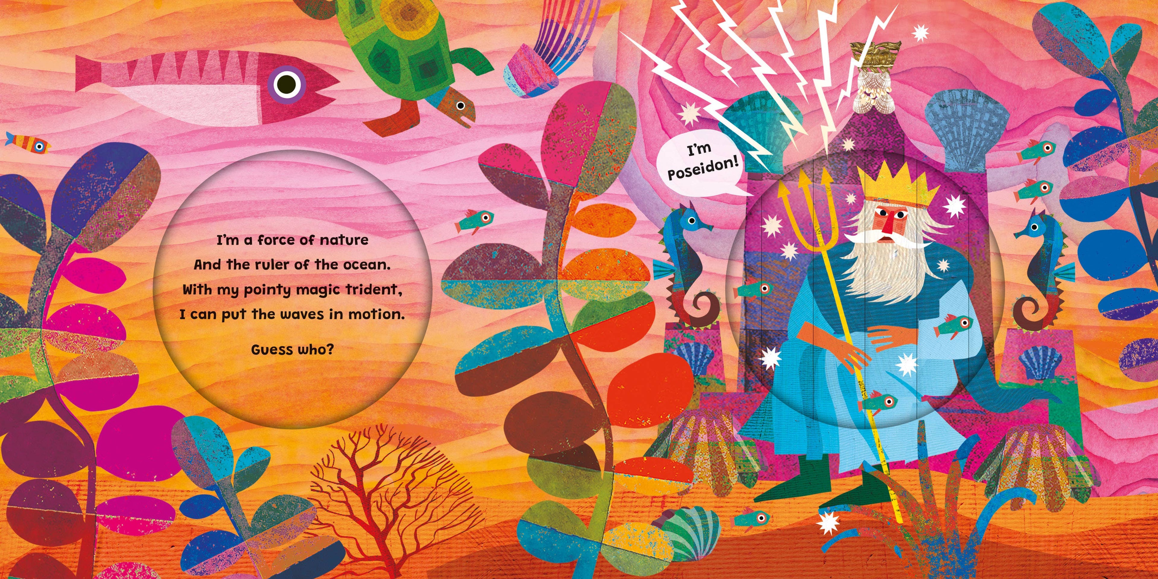 Colorful illustration of a king and fish with text on a pink background