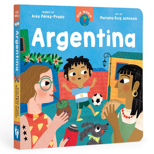 A board book cover featuring illustrations of Argentine culture with a title 'Argentina' and author and illustrator names.