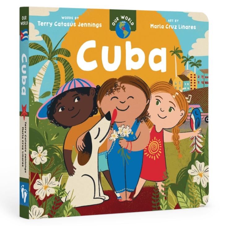 A colorful board book cover featuring illustrations of children and cultural elements of Cuba.