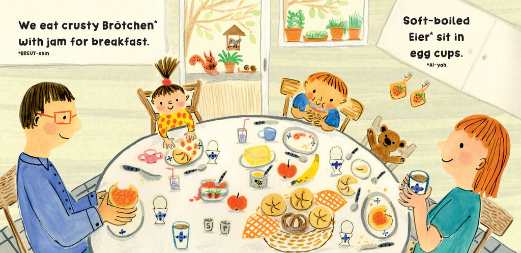 Illustration of a family having breakfast together with various food items on the table.