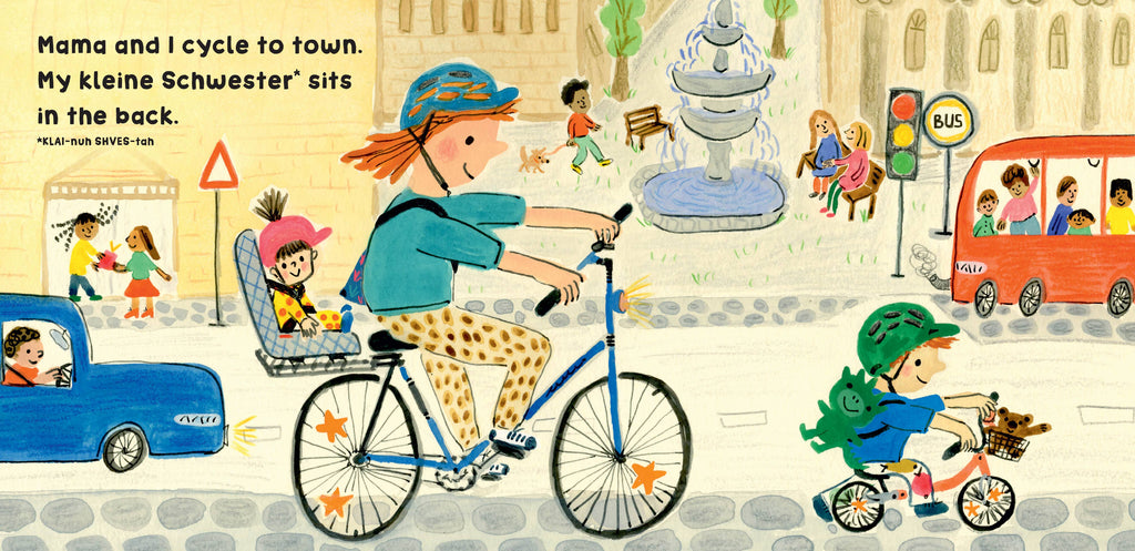 Illustration of a woman cycling with children on a city street, featuring a bus and traffic lights.