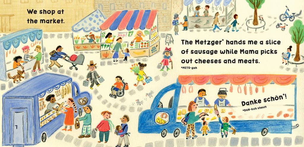 Illustrated children's book page with market scene and food trucks.