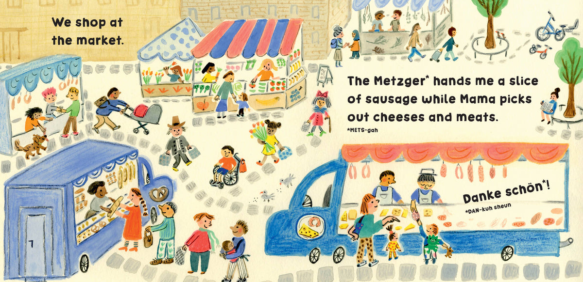 Illustrated children's book page with market scene and food trucks.