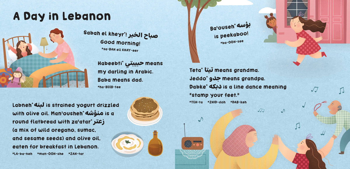 A children's educational poster about 'A Day in Lebanon' featuring colorful cartoon illustrations of family scenes, Arabic phrases with English translations, and food items like manoutchoul and laban on a light blue background.