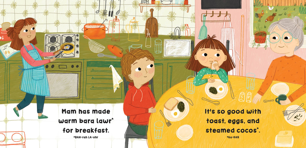 A colorful illustrated breakfast scene in a kitchen and dining area, showing a woman preparing food, a seated child, and an older woman at a table with text overlays in English and French.