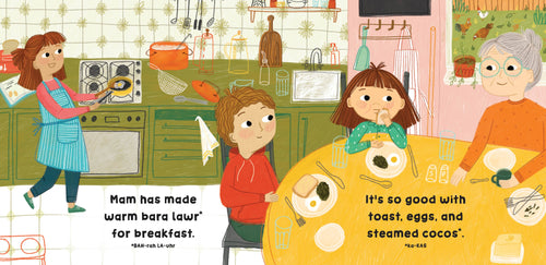A colorful illustrated breakfast scene in a kitchen and dining area, showing a woman preparing food, a seated child, and an older woman at a table with text overlays in English and French.