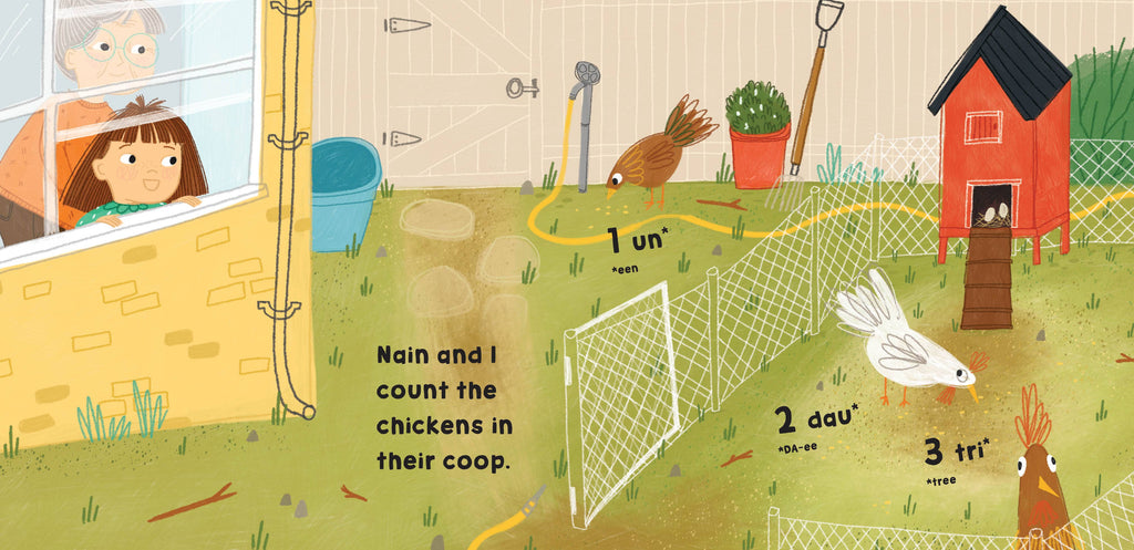 Illustration of a girl counting chickens in a garden with a coop and window.